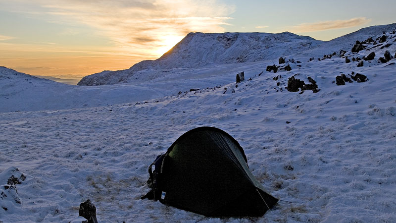Tent pitch on Allen Crags with Ill Crag beyond