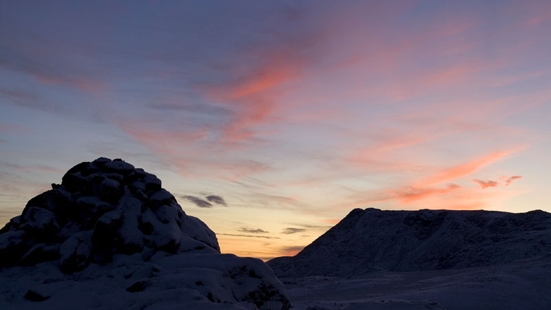 Sunset behind Ill Crag & the Allen Crags summit cairn