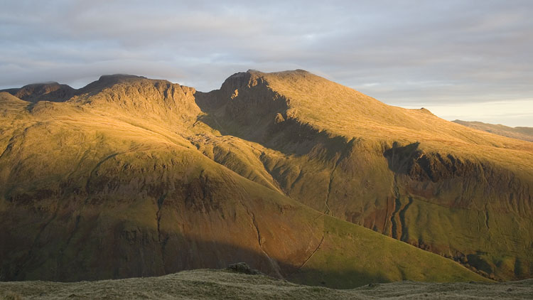 Evening light on the Scafells from the pitch on Yewbarrow