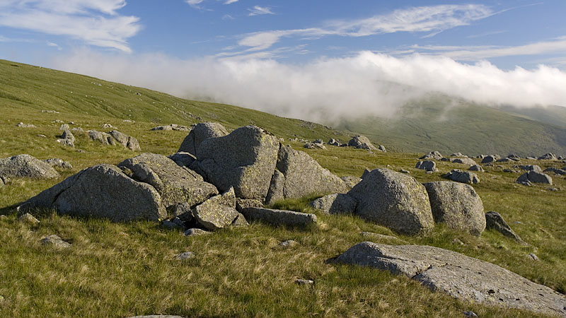 Mist clearing on ascent of Foel Grach