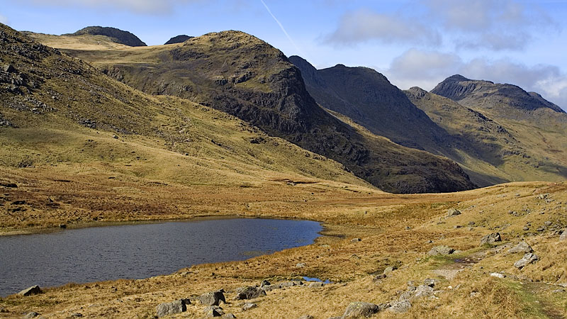 View over Red Tarn to the Crinkles and Bow Fell