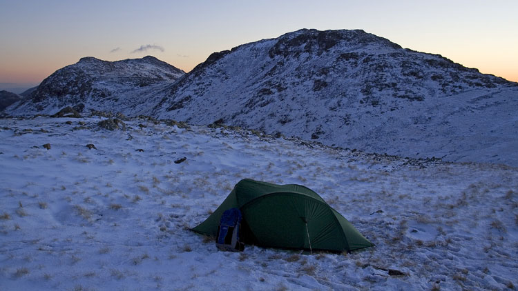 Bow Fell & Esk Pike from pitch on Allen Crags