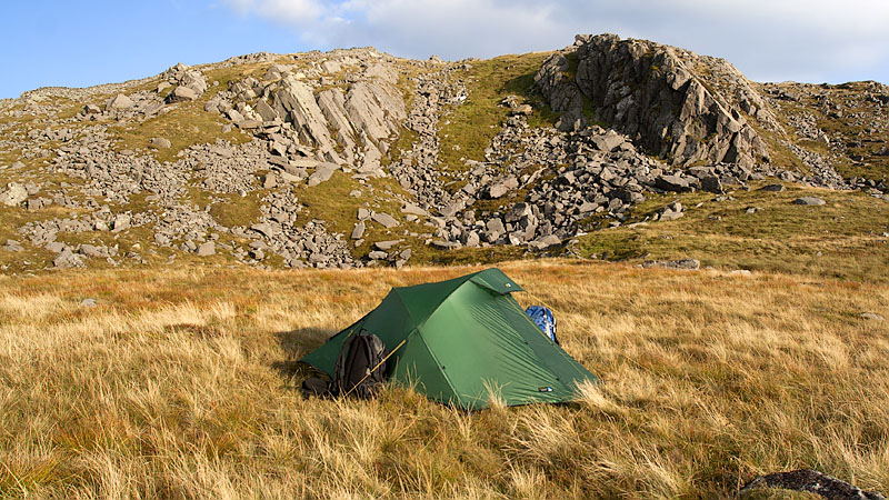 Tent pitch below Diffwys crags